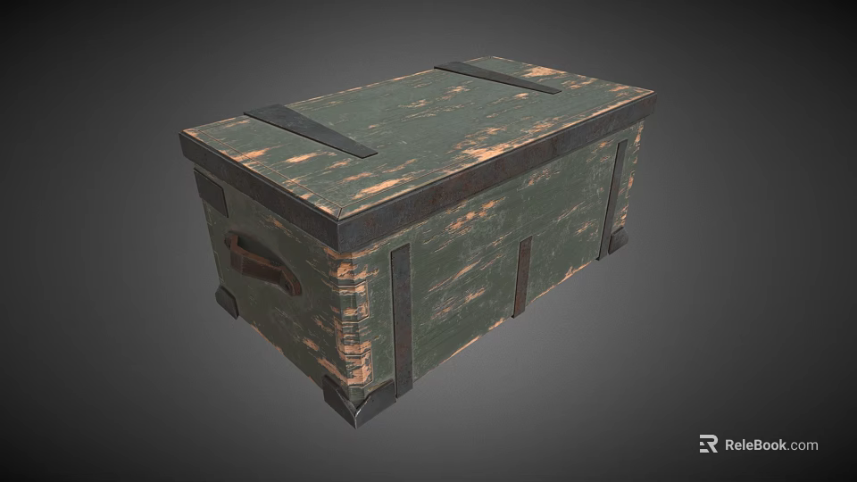 Green Weathered Wooden Storage Chest With Metal Straps Handle And Antique Design 3d model 