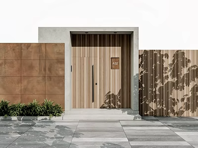 Modern Building Exterior Wall With Wooden Slatted Door Copper Panels And Leaf Shadows 3d model