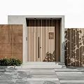 Modern Building Exterior Wall With Wooden Slatted Door Copper Panels And Leaf Shadows