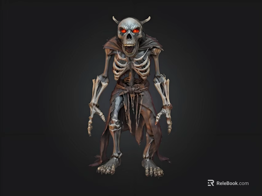 Horned Skeleton Character With Red Eyes And Tattered Cloak On Dark Background 3d model 