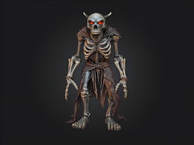 Horned Skeleton Character With Red Eyes And Tattered Cloak On Dark Background 3d model