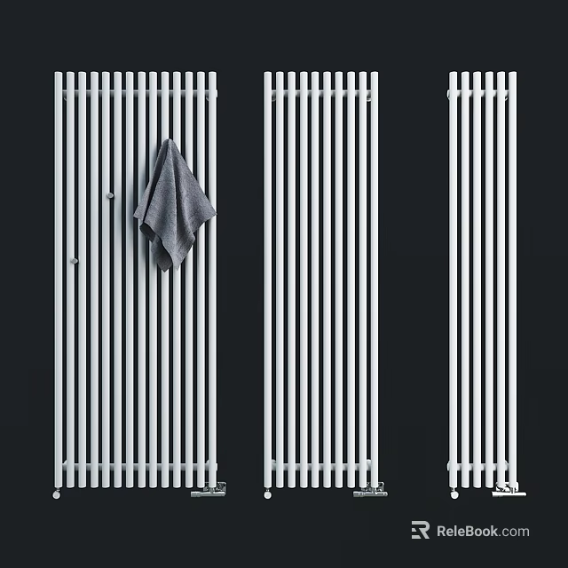 Modern Bathroom Accessories With White Striped Towel Rack And Grey Towel 3d model 