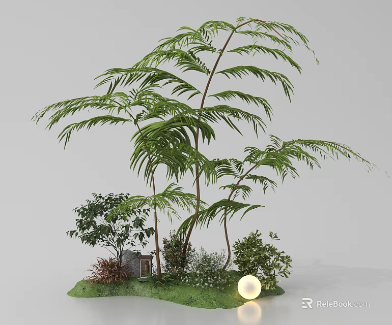 Lush Green Garden Scene With Tall Palm Plants Small Shrubs Grass And Glowing Ball Decoration 3d model 