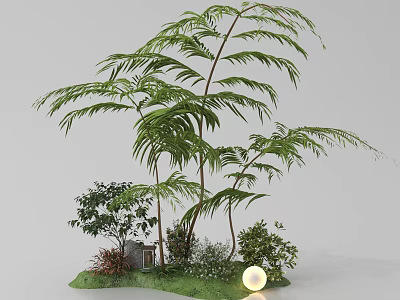 Lush Green Garden Scene With Tall Palm Plants Small Shrubs Grass And Glowing Ball Decoration 3d model