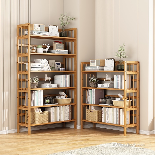 Natural Wooden Multi Tiered Bookcase With Books Decorative Items Plants And Baskets In Living Room 3d model 