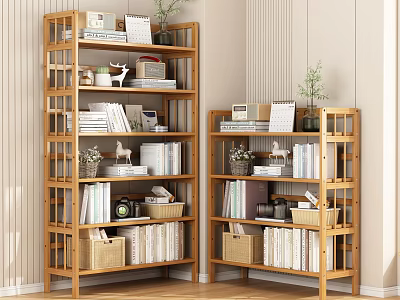 Natural Wooden Multi Tiered Bookcase With Books Decorative Items Plants And Baskets In Living Room 3d model