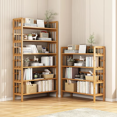 Natural Wooden Multi Tiered Bookcase With Books Decorative Items Plants And Baskets In Living Room 3d model