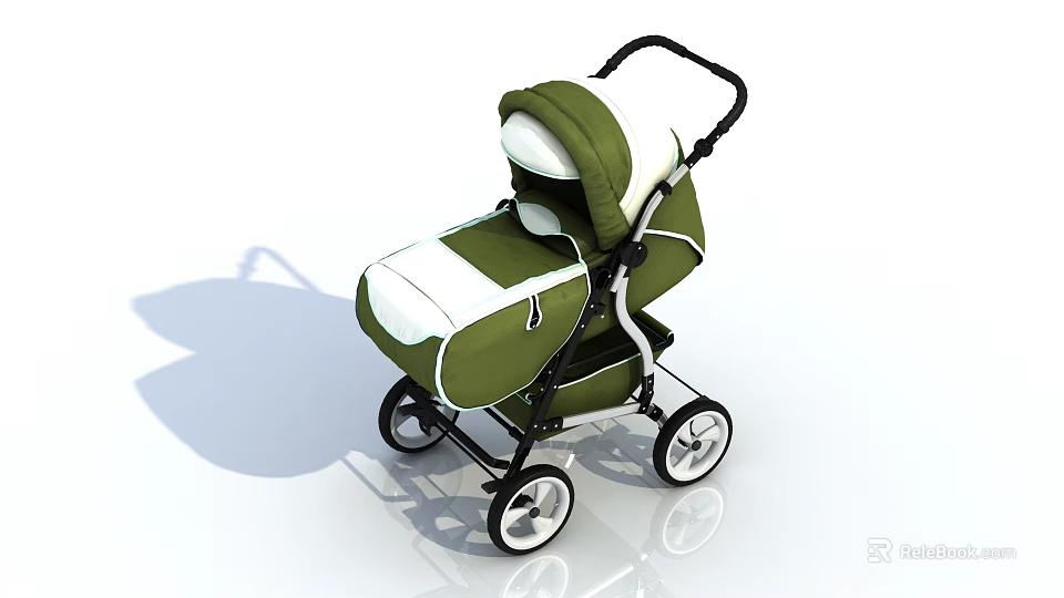 Green And White Baby Stroller With Black Handle And Four Wheels Design 3d model 