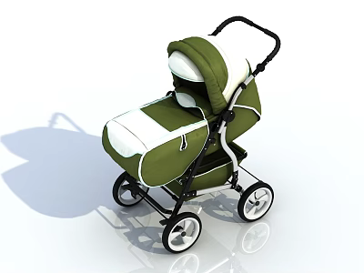Green And White Baby Stroller With Black Handle And Four Wheels Design 3d model