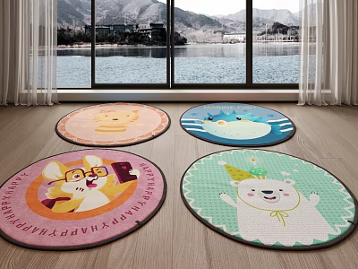 Cute Round Carpets With Animal Patterns And Colorful Designs On Wooden Floor Interior 3d model