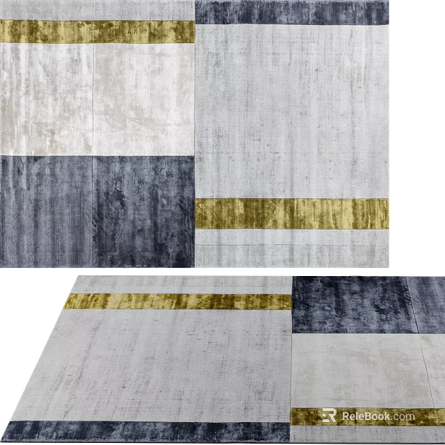 Modern Square Rug With Gray Navy Blue And Gold Striped Textured Pattern Design 3d model
