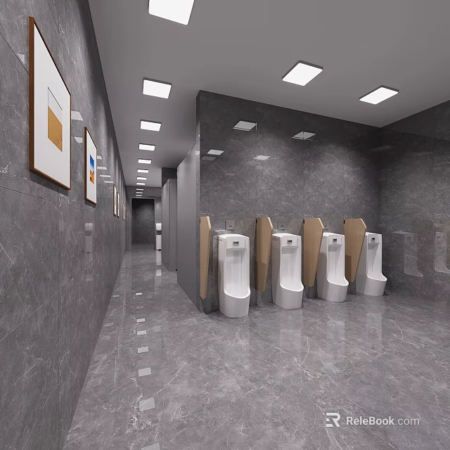 Elegant Modern Public Toilet With Grey Marble Walls And Glossy Floors Featuring Neat Urinal Layout 3d model 