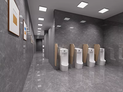 Elegant Modern Public Toilet With Grey Marble Walls And Glossy Floors Featuring Neat Urinal Layout 3d model