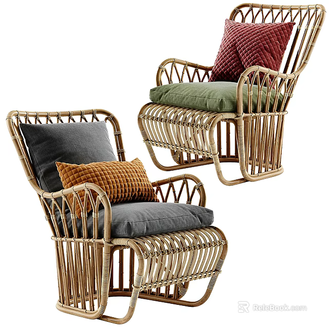 Rattan Leisure Chairs with Gray Orange Green Cushions and Woven Design 3d model 