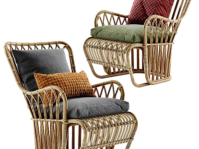 Rattan Leisure Chairs with Gray Orange Green Cushions and Woven Design 3d model