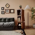 Modern Wooden Side Table In Living Room With Sofa Decorative Paintings Floor Lamp And Plant