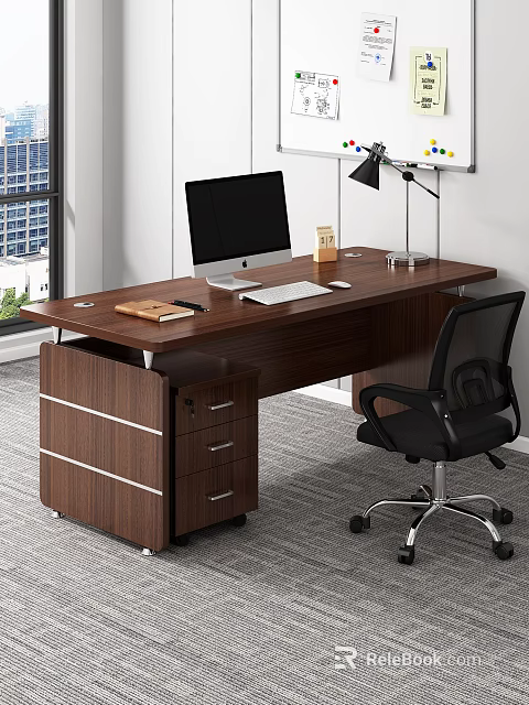 Office Interior with Wooden Desk Computer Monitor Keyboard Notebook Desk Lamp Black Chair and Window 3d model 