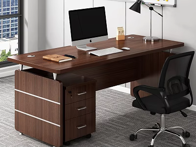 Office Interior with Wooden Desk Computer Monitor Keyboard Notebook Desk Lamp Black Chair and Window 3d model