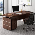 Office Interior with Wooden Desk Computer Monitor Keyboard Notebook Desk Lamp Black Chair and Window