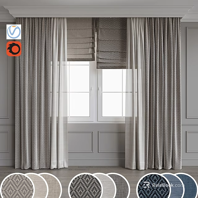 Neutral Gray Curtains With Sheer Layers For Modern Window Interior Design 3d model 