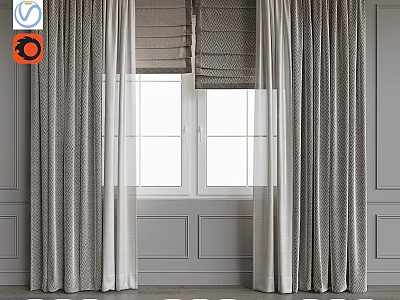 Neutral Gray Curtains With Sheer Layers For Modern Window Interior Design 3d model