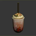 Bubble Milk Tea With Whipped Cream Red Drizzle Mint Leaf Black Straw And Tapioca Pearls