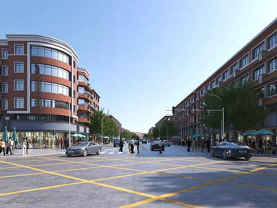 Busy Commercial Street With Red Brick Multi Story Buildings Pedestrians Vehicles Street Lamps And Trees 3d model