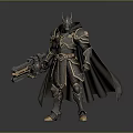 Horned Fantasy Warrior Character With Dark Armor Cloak And Large Gun Weapon