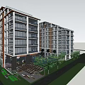 Modern Multi Story Building Exterior With Large Glass Windows Surrounding Greenery And Lawn Area