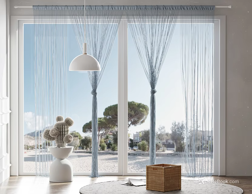Light Blue String Curtains For Window With Natural Light And Indoor Decorative Elements 3d model 
