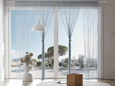 Light Blue String Curtains For Window With Natural Light And Indoor Decorative Elements 3d model