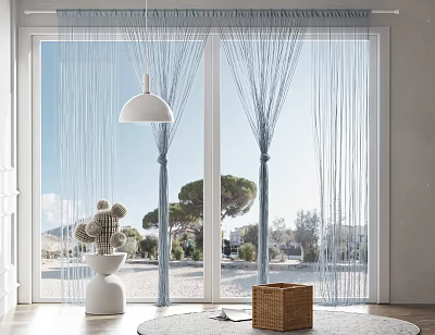 Light Blue String Curtains For Window With Natural Light And Indoor Decorative Elements 3d model