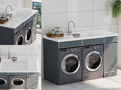 Modern Bathroom Cabinet Rack With Double Washing Machines White Countertop And Faucet 3d model