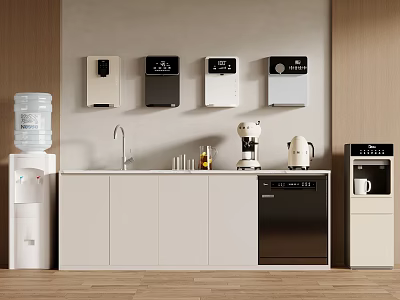 Modern Break Room With Water Dispenser Wall Mounted Appliances Cabinets Sink Coffee Machine And Dishwasher 3d model