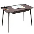 Modern Wooden Desk with Slim Legs Drawer Colored Pencils and Paper