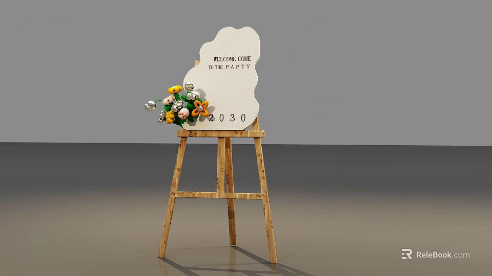 Wooden Easel With Welcome Home Sweet Party Sign And Flower Bouquet Number 080 3d model 
