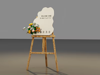 Wooden Easel With Welcome Home Sweet Party Sign And Flower Bouquet Number 080 3d model