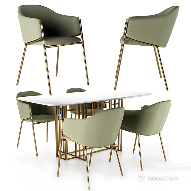 White Rectangular Dining Table Set With Light Green Chairs And Golden Metal Legs 3d model