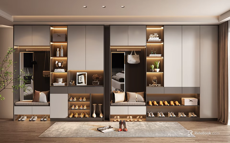 Modern Shoe Cabinet With Open Shelves Mirror And Storage For Shoes Decorative Items 3d model 