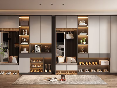 Modern Shoe Cabinet With Open Shelves Mirror And Storage For Shoes Decorative Items 3d model