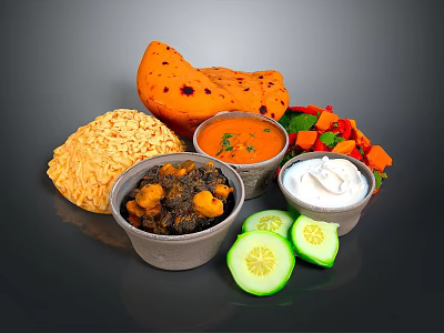Delicious Indian Food Platter With Naan Bread Rice Curry Salad Yogurt Dip And Cucumber Slices 3d model