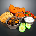 Delicious Indian Food Platter With Naan Bread Rice Curry Salad Yogurt Dip And Cucumber Slices