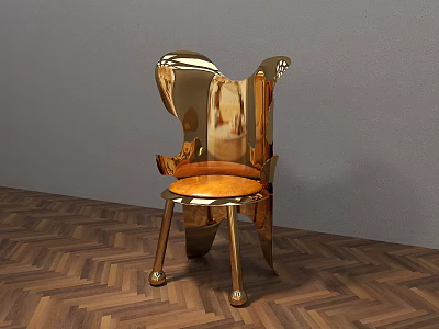 Golden Modern Accent Chair With Unique Shape On Herringbone Wooden Floor 3d model