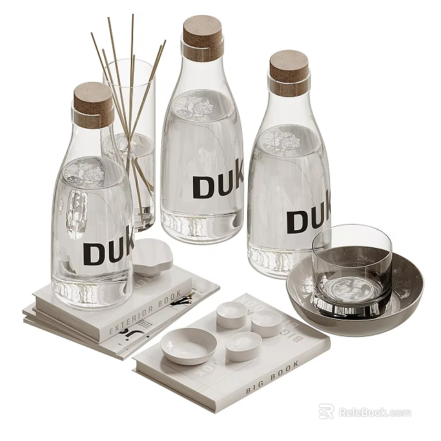 Stylish Home Living Essentials Including Glass Bottles Dishes And Diffuser 3d model 