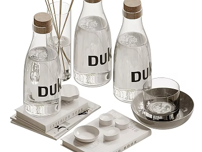 Stylish Home Living Essentials Including Glass Bottles Dishes And Diffuser 3d model
