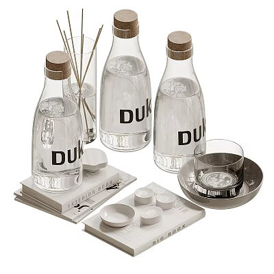 Stylish Home Living Essentials Including Glass Bottles Dishes And Diffuser 3d model