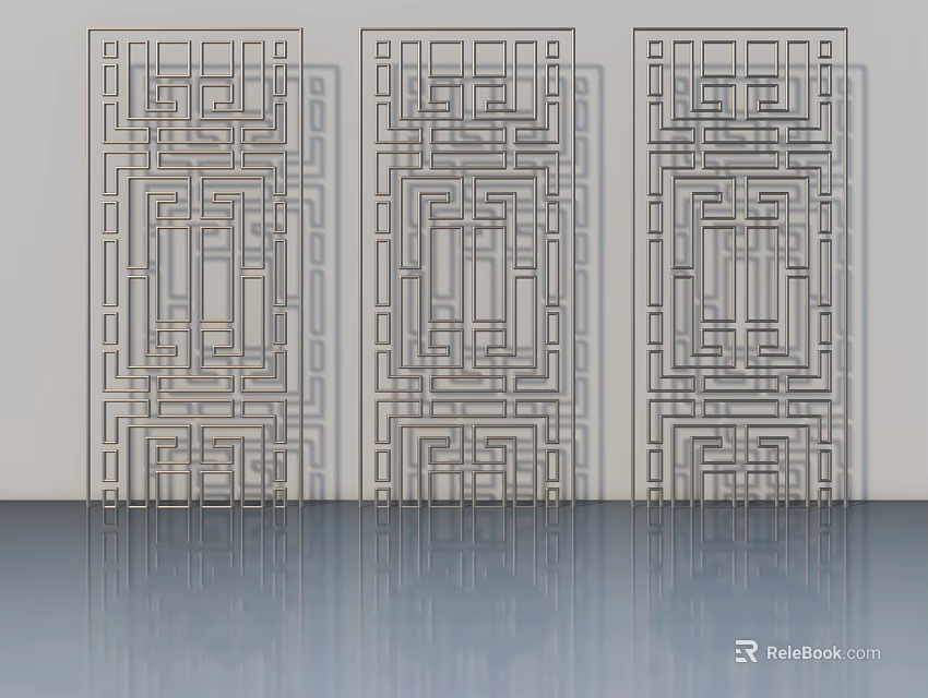 Three Modern Swing Doors With Intricate Geometric Patterns On Grey Background And Reflective Floor 3d model