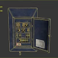 Blue Metal Control Cabinet With Open Door Black Modules Colored Buttons And Paper Sticker