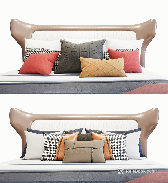 Stylish Decorative Bed Pillows With Red Gray Beige And Checkered Patterns Soft Textured Design On Bed 3d model 