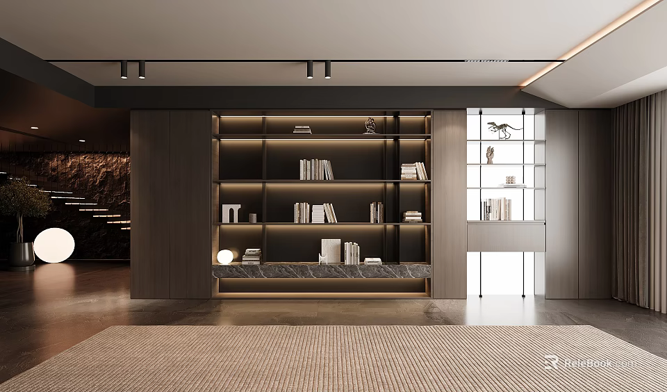 Modern Wooden Bookcase With Glass Doors Built in Lighting And Decor Items In Living Room Interior 3d model 